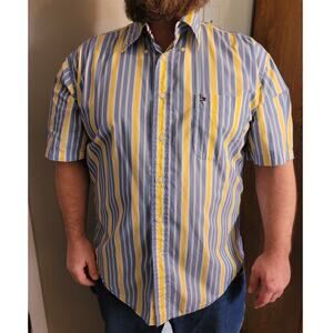 VNTG Y2K Tommy Hilfiger XL Striped Shirt Yellow Blue Short Sleeve Cotton Preppy